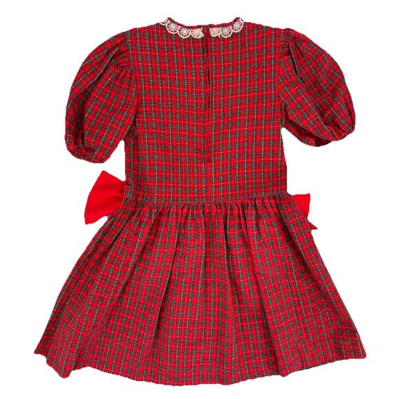 Vintage 80s Youngland Red Plaid Seersucker Dress Bows Lace Collar Size 8 USA - Picture 7 of 12